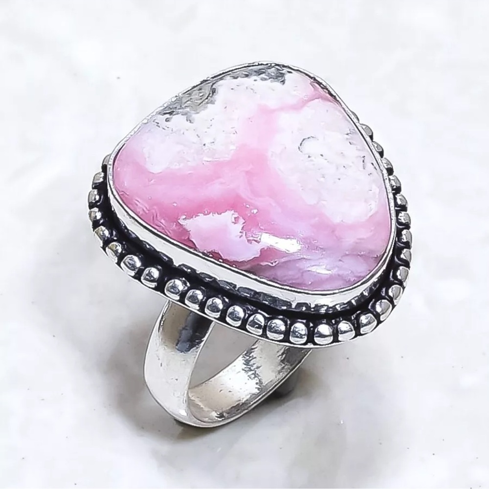 Rhodochrosite Gemstone Handcrafted India, Ethnic Pink, Silver plated Ring Size 8
